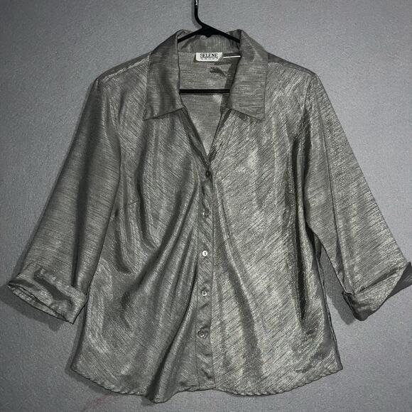 Selene Sport Blouse Women's Large Silver Metallic Button-Up 3/4 Sleeve Collard - Picture 1 of 7